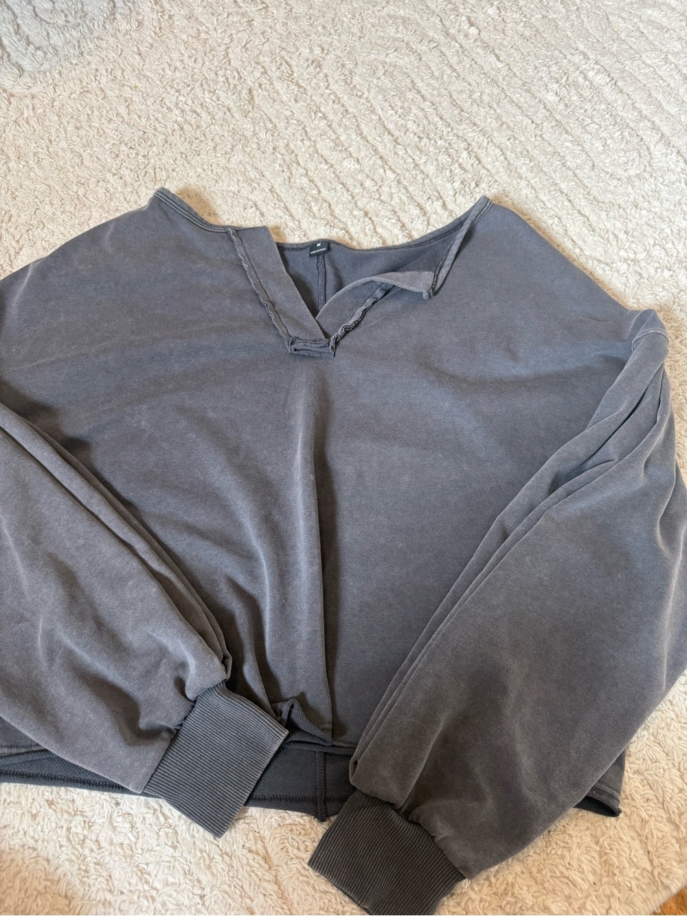 SHEIN Charcoal Gray Distressed V-Neck Pullover Sweatshirt